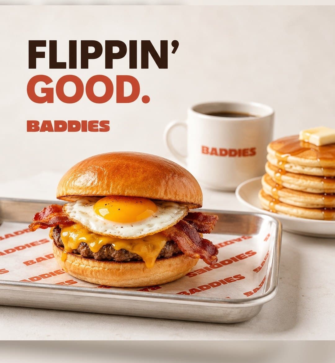 BADDIES poster: Flippin' good, with a breakfast burger, coffee and pancakes