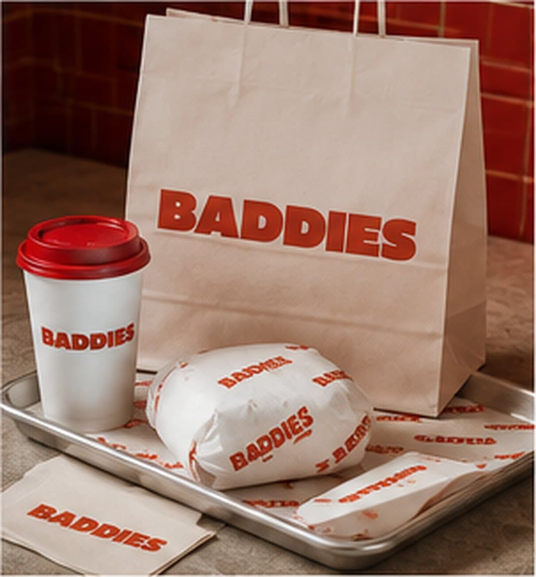 BADDIES bag, cup and wrapped sandwich on a steel tray