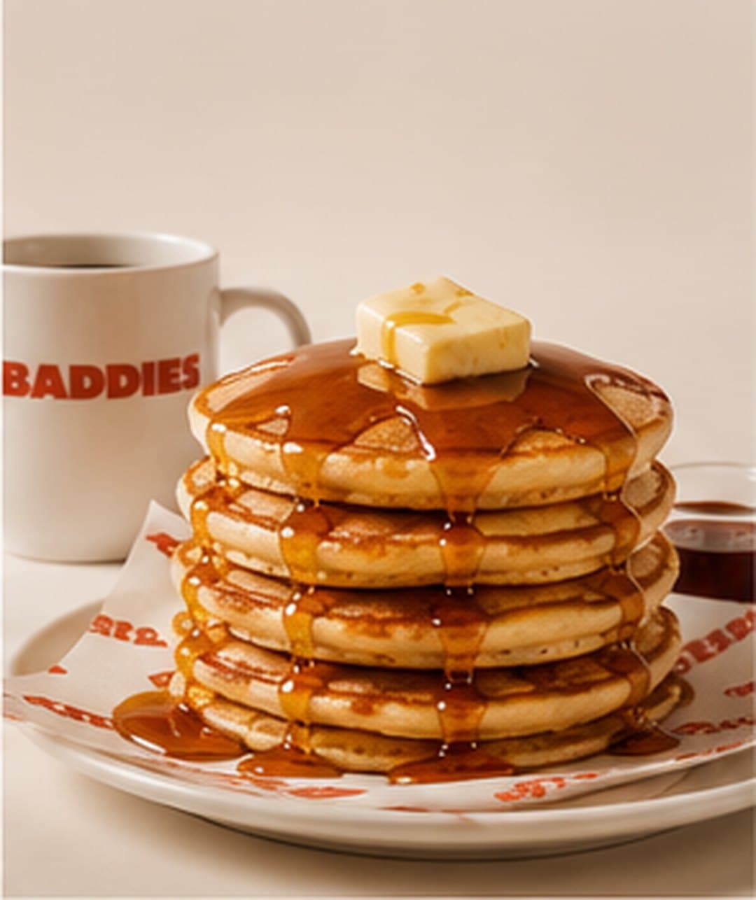A stack of buttermilk pancakes with butter and maple, BADDIES mug behind