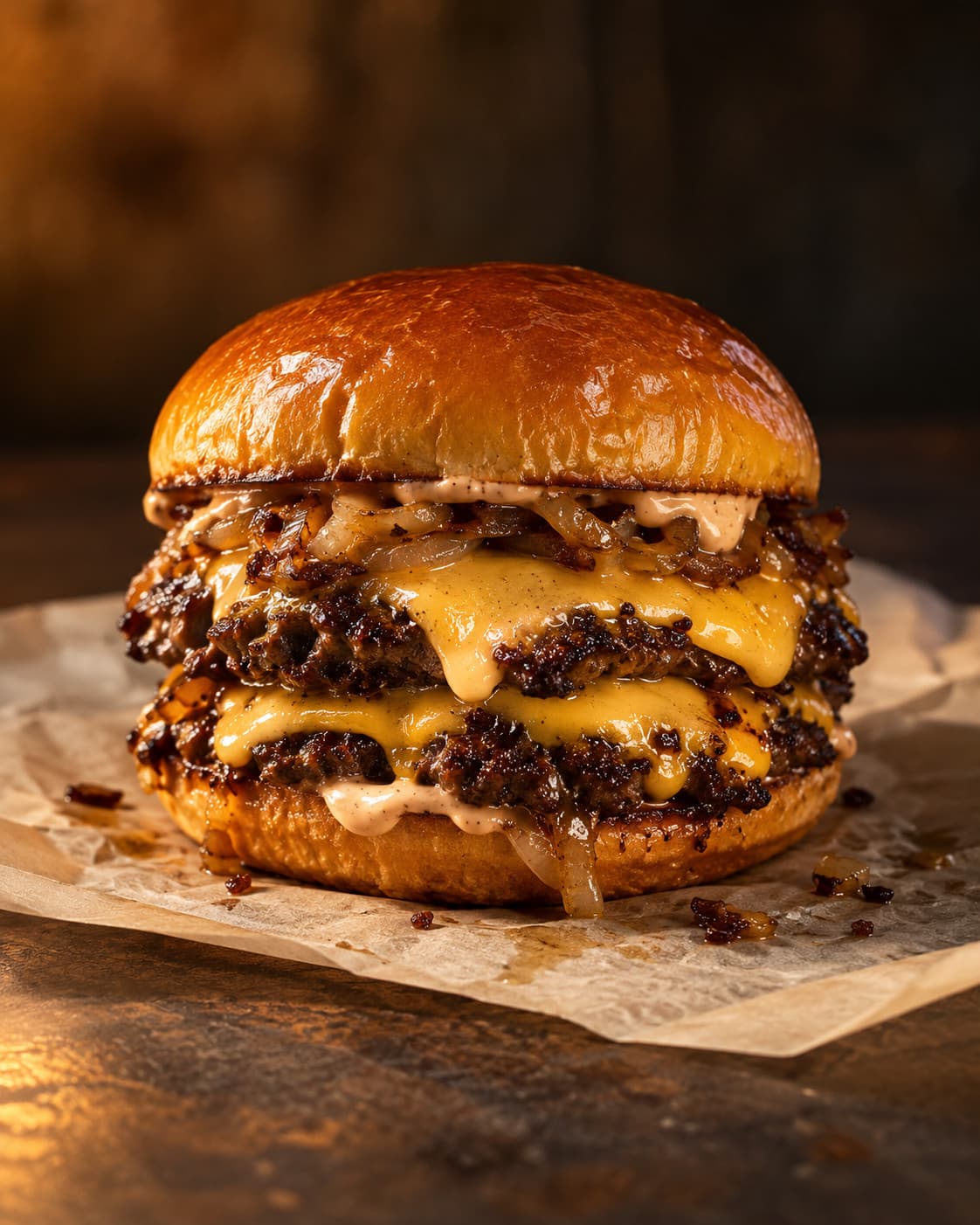 A double smash burger with melted cheese and sauce on paper, lit low and warm after dark